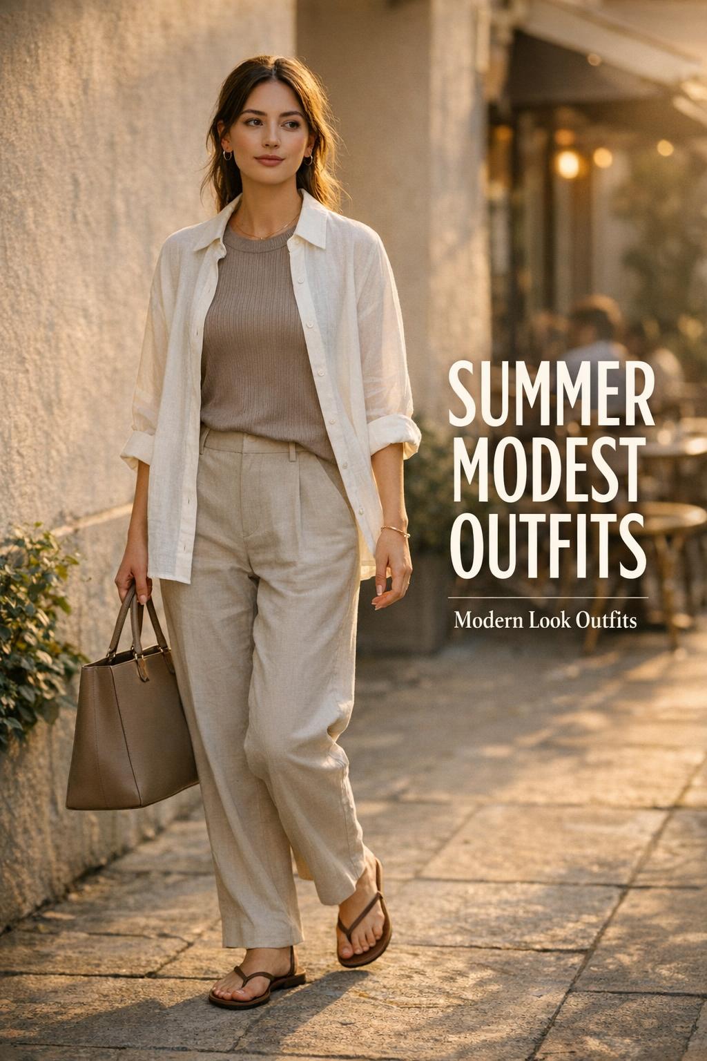 Summer modest outfits on a stylish woman in ivory linen shirt and neutral trousers walking past a café at golden hour
