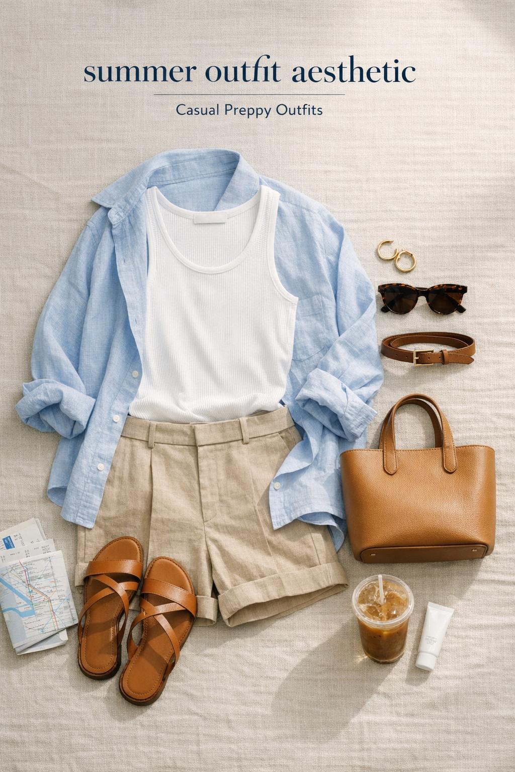 Summer outfit aesthetic flat lay with white tank, blue linen shirt, sand shorts, tan sandals, tote, sunglasses