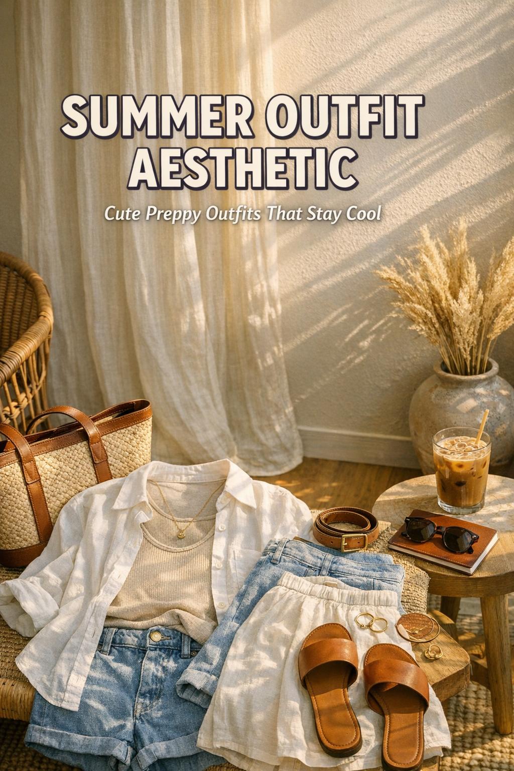 Summer outfit aesthetic laid out in a sunlit entryway with linen shirt, shorts, sandals, straw tote, and iced coffee