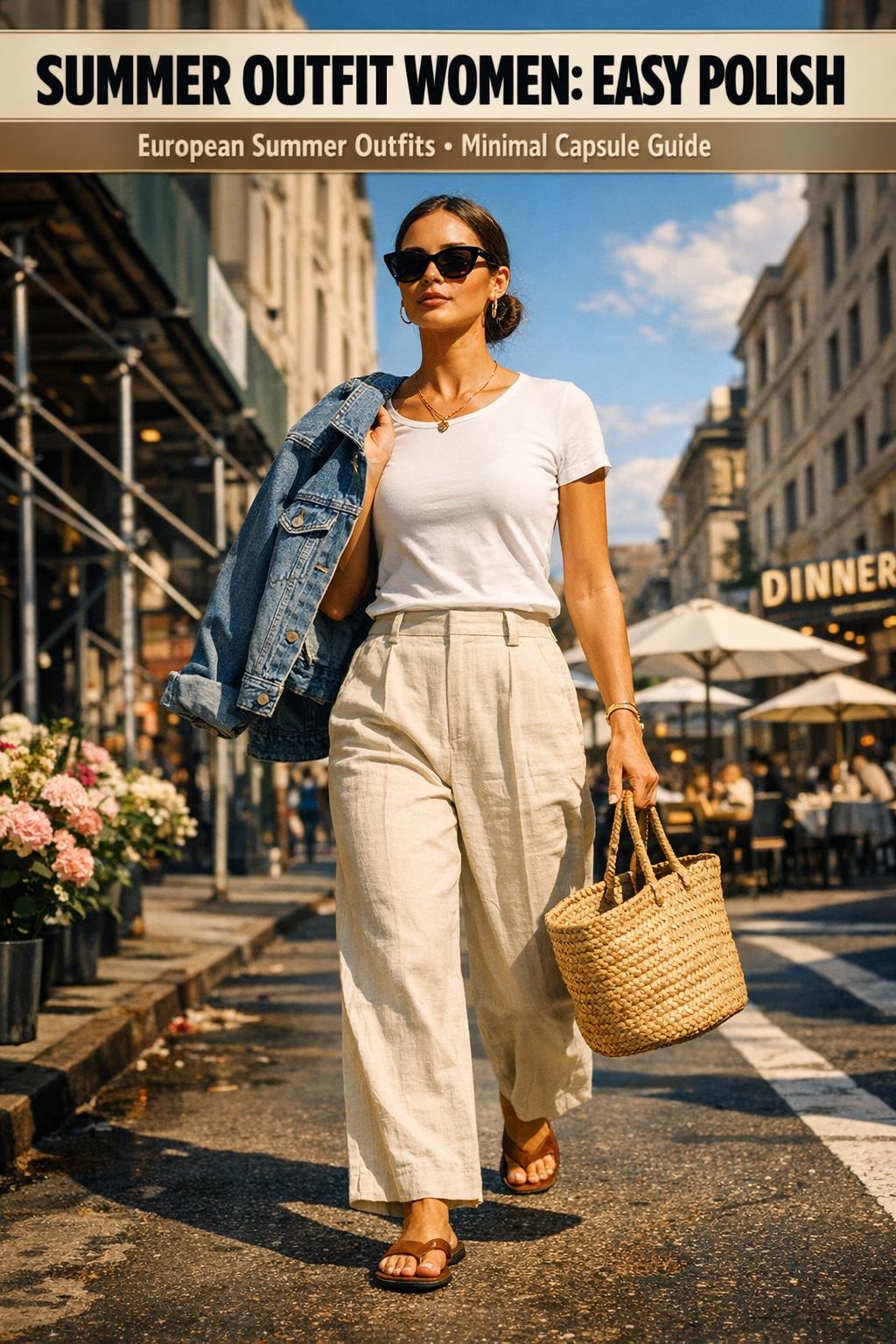 Summer outfit women wearing a breezy linen dress and sandals on a sunlit city street