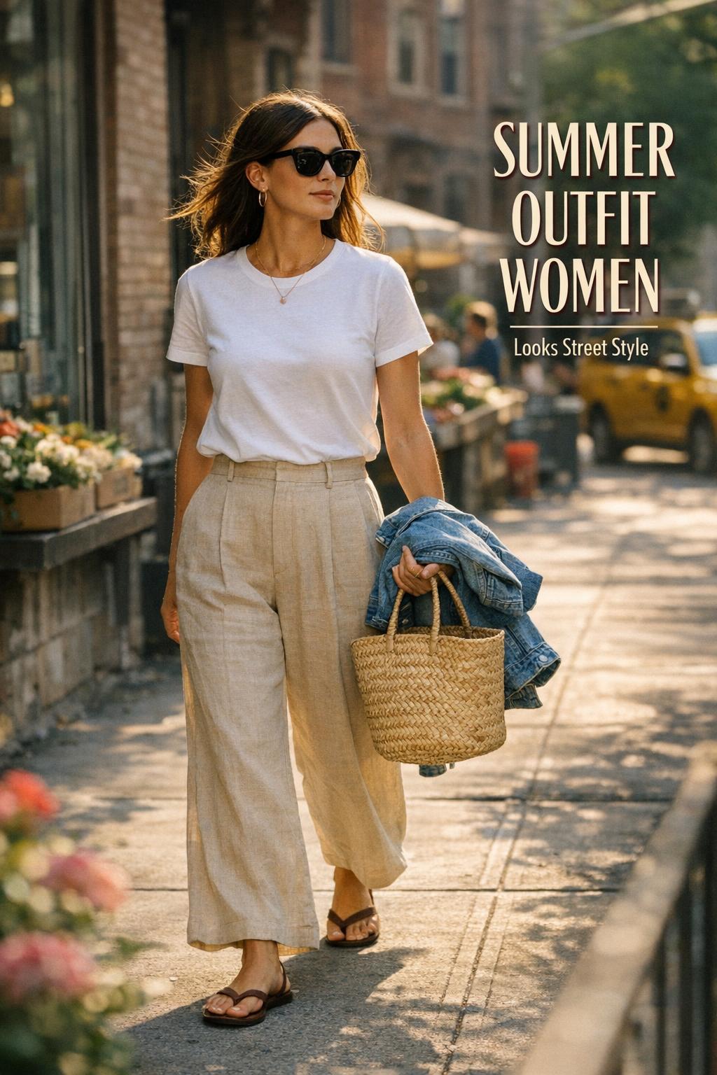 Summer outfit women walking in NYC street style, white tee and beige linen wide-leg pants with straw tote in golden-hour light