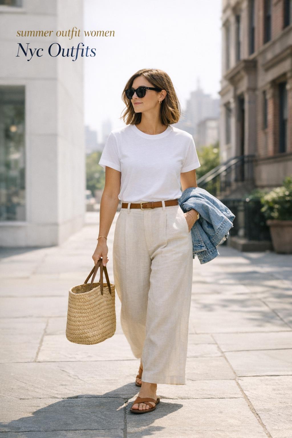 summer outfit women street style in NYC, woman in white tee and beige linen pants with straw tote on a sunny morning