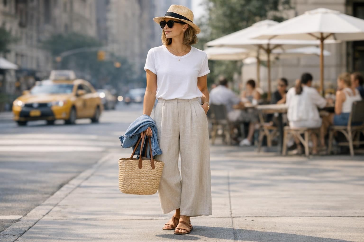 Summer outfit women in a white tee and beige linen pants with flat sandals, tote bag, and sunglasses on a city street