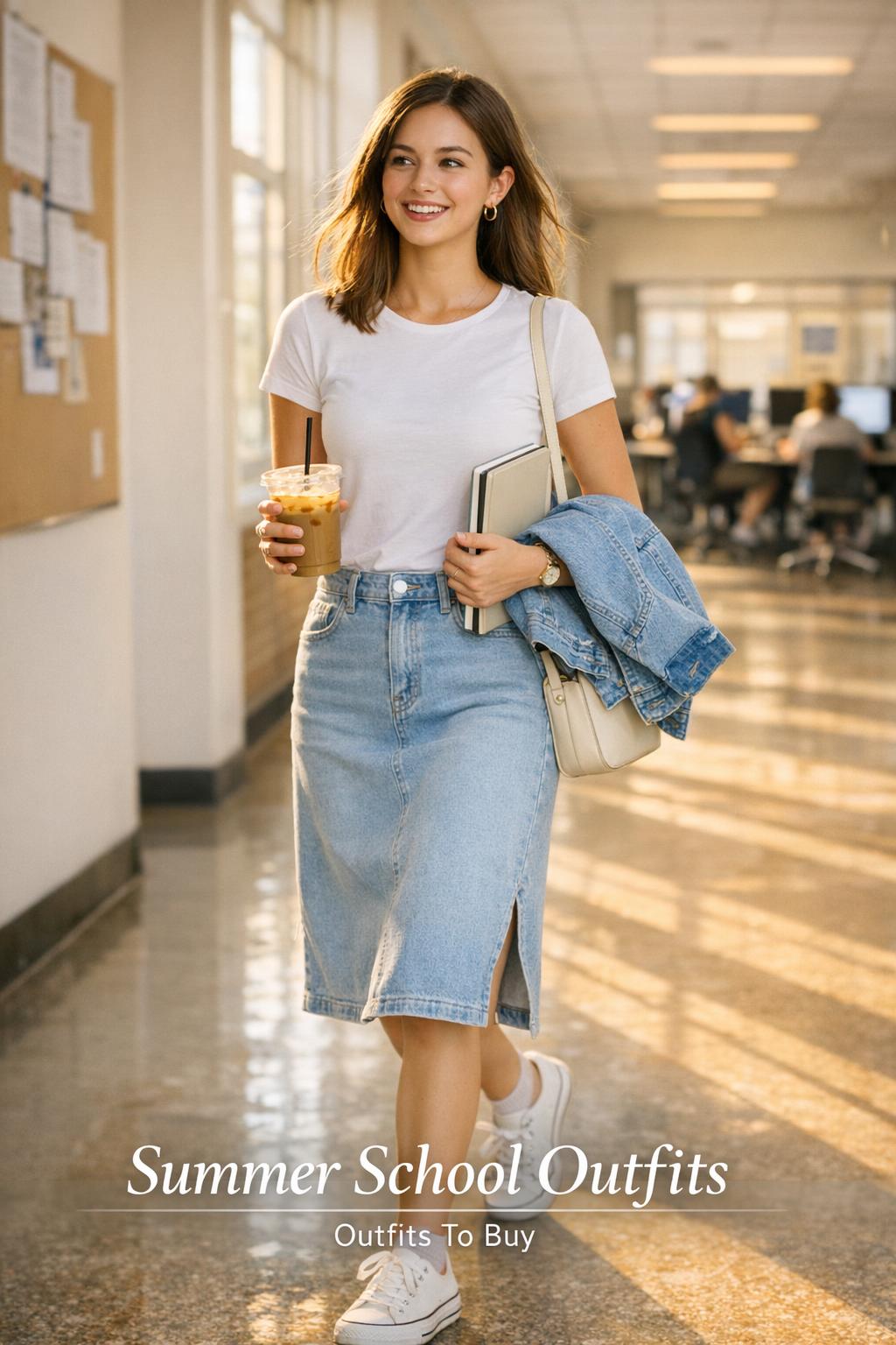 College student walking in a bright campus hallway wearing summer school outfits with denim midi skirt and iced coffee