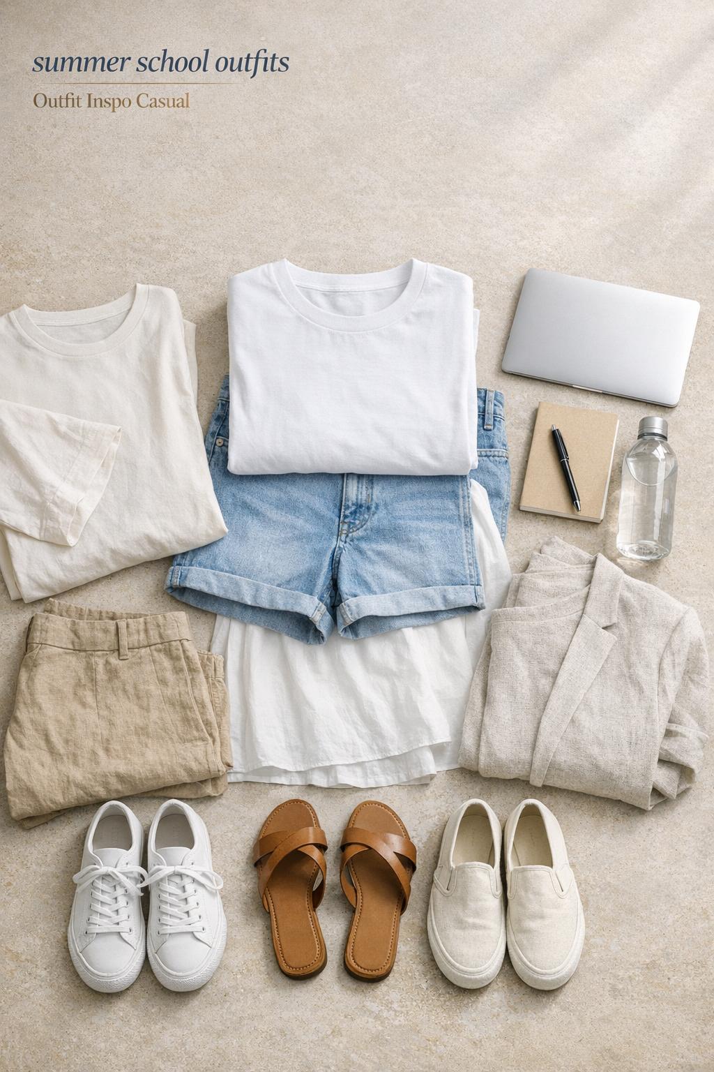 Summer school outfits flatlay with white tee, denim shorts, midi skirt, sneakers, laptop, and minimal campus essentials.