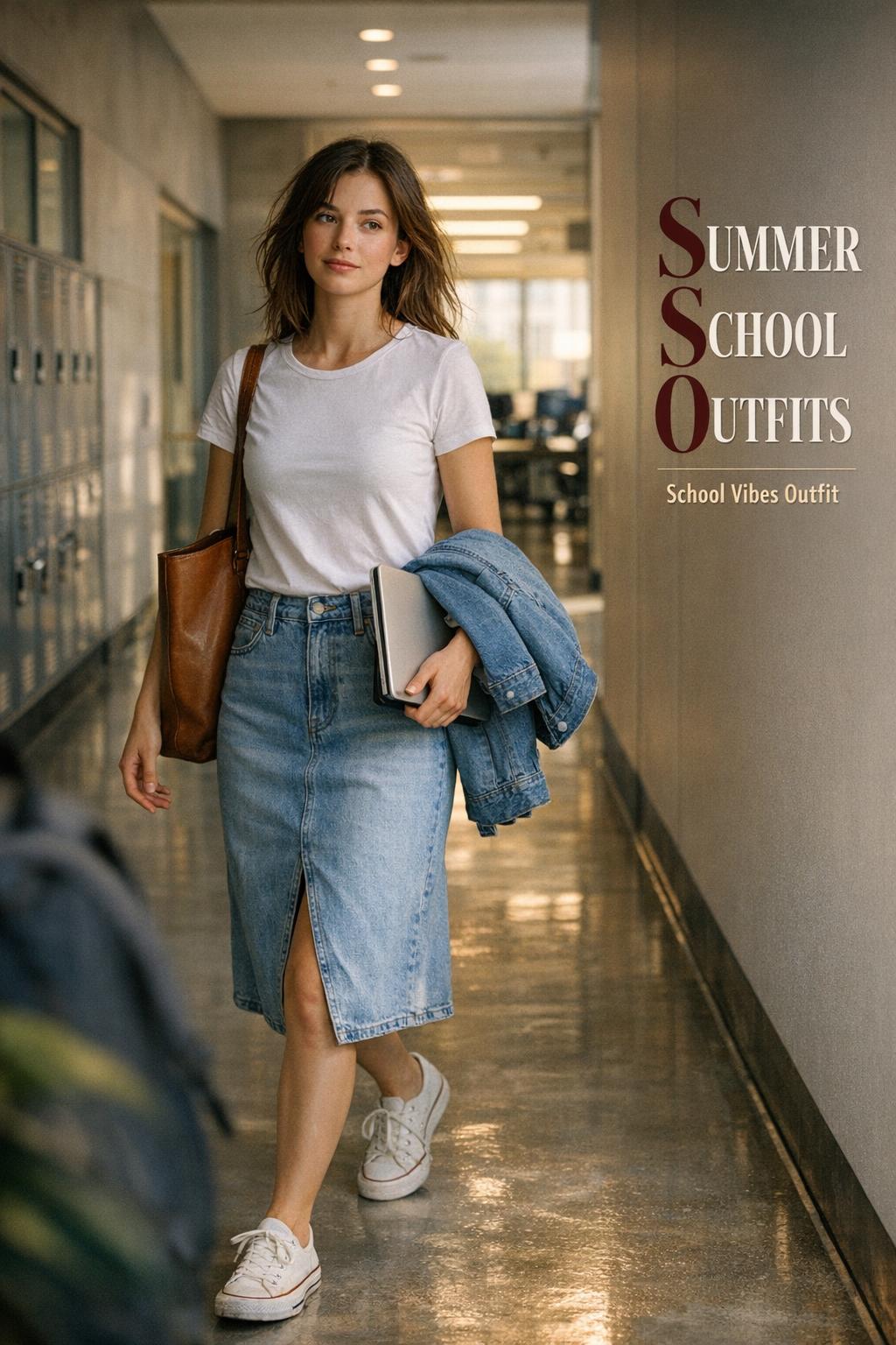 Summer school outfits: stylish college woman walking in a modern campus hallway near a bright lab doorway