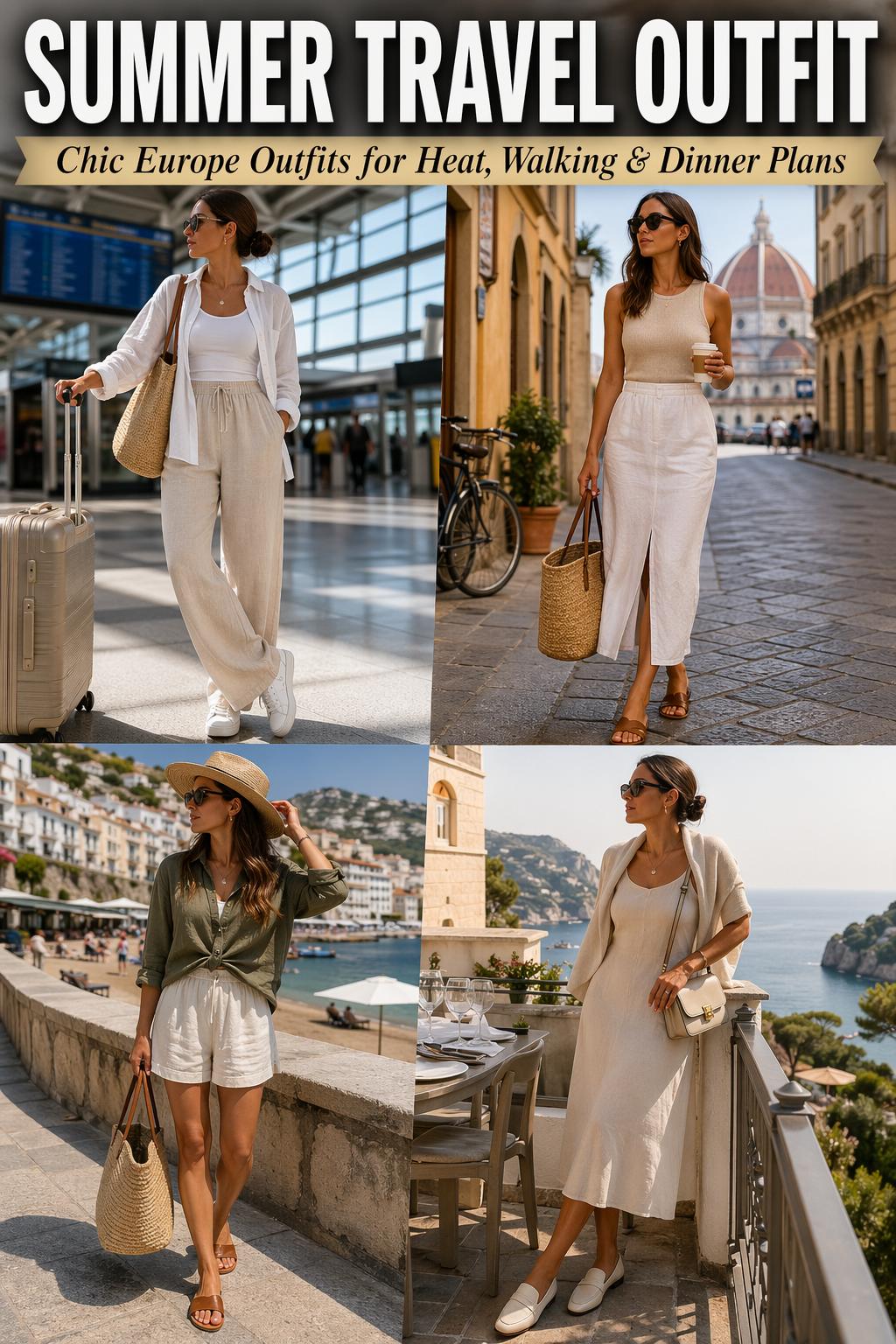 Summer travel outfit with breezy layers and stylish essentials for a chic vacation look