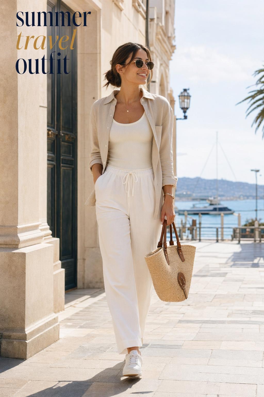 Woman in a summer travel outfit on a sunlit Mediterranean street with chic neutral capsule wardrobe styling
