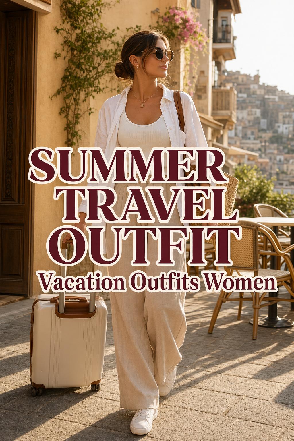 Summer travel outfit with a stylish woman walking a sunlit European street with luggage and linen layers
