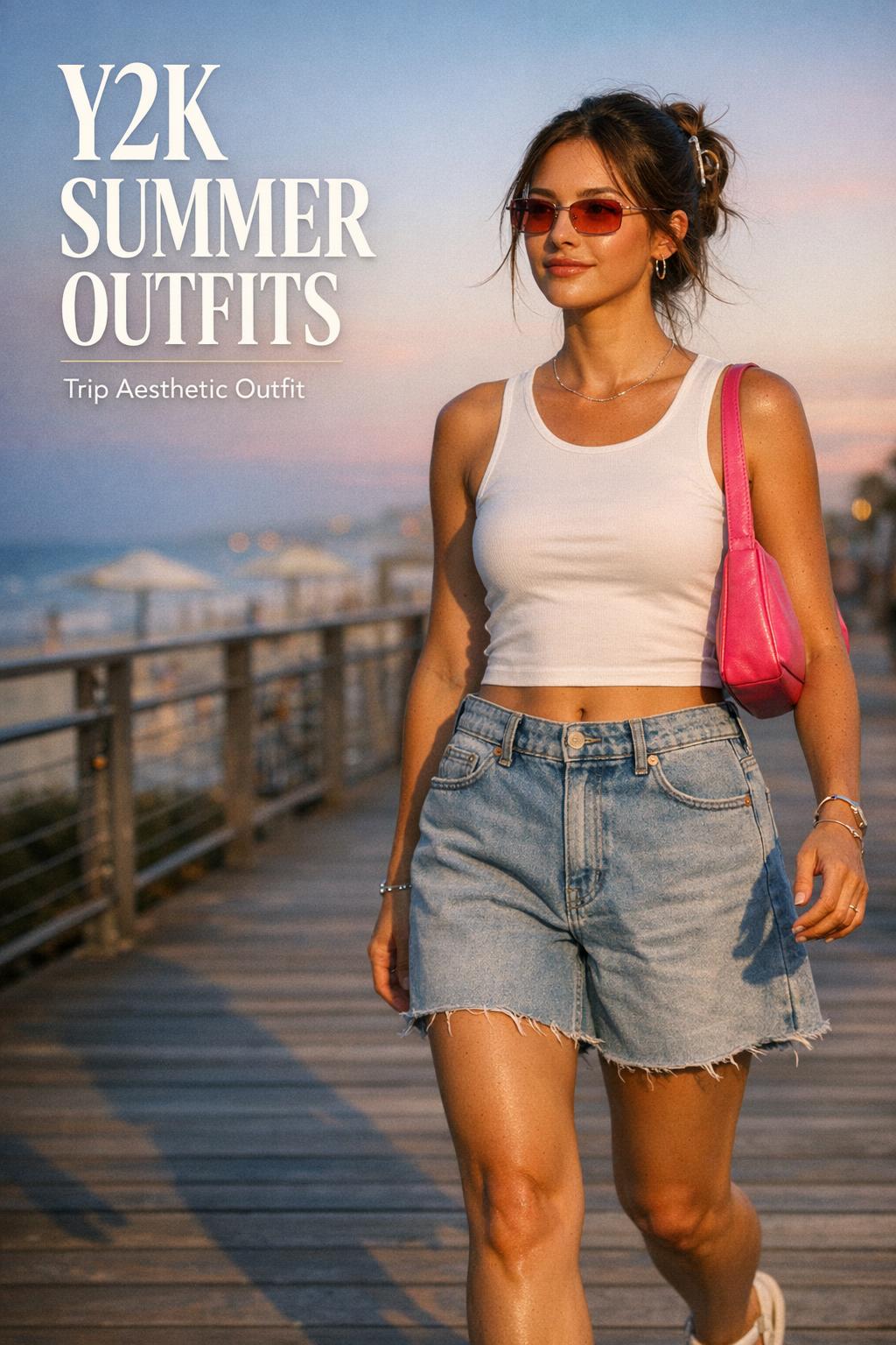 Woman walking on a coastal boardwalk at golden hour wearing y2k summer outfits with white baby tee, light-wash jeans and pink bag
