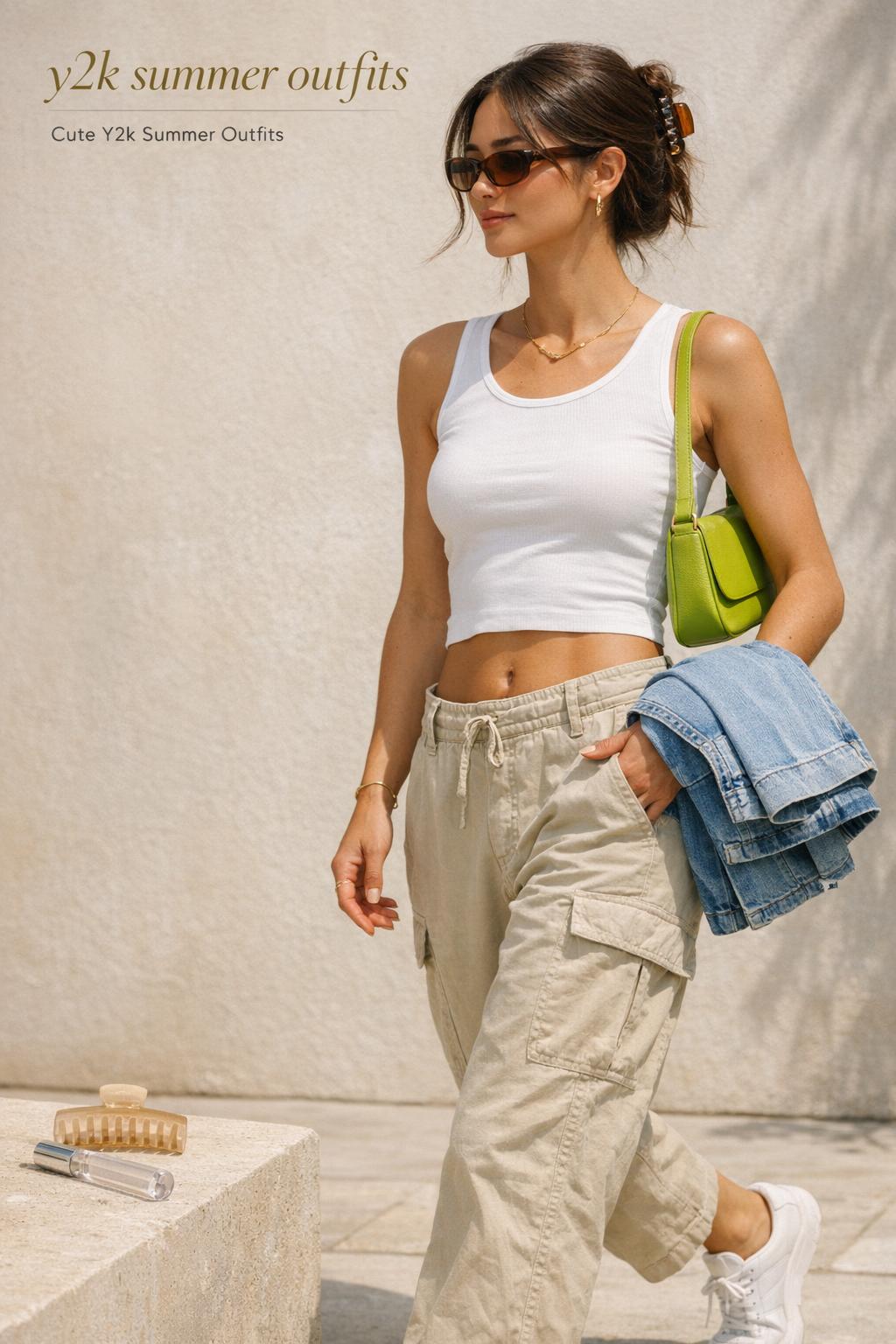 Editorial fashion photo of y2k summer outfits with fitted white top, relaxed light-wash jeans, and bright shoulder bag.