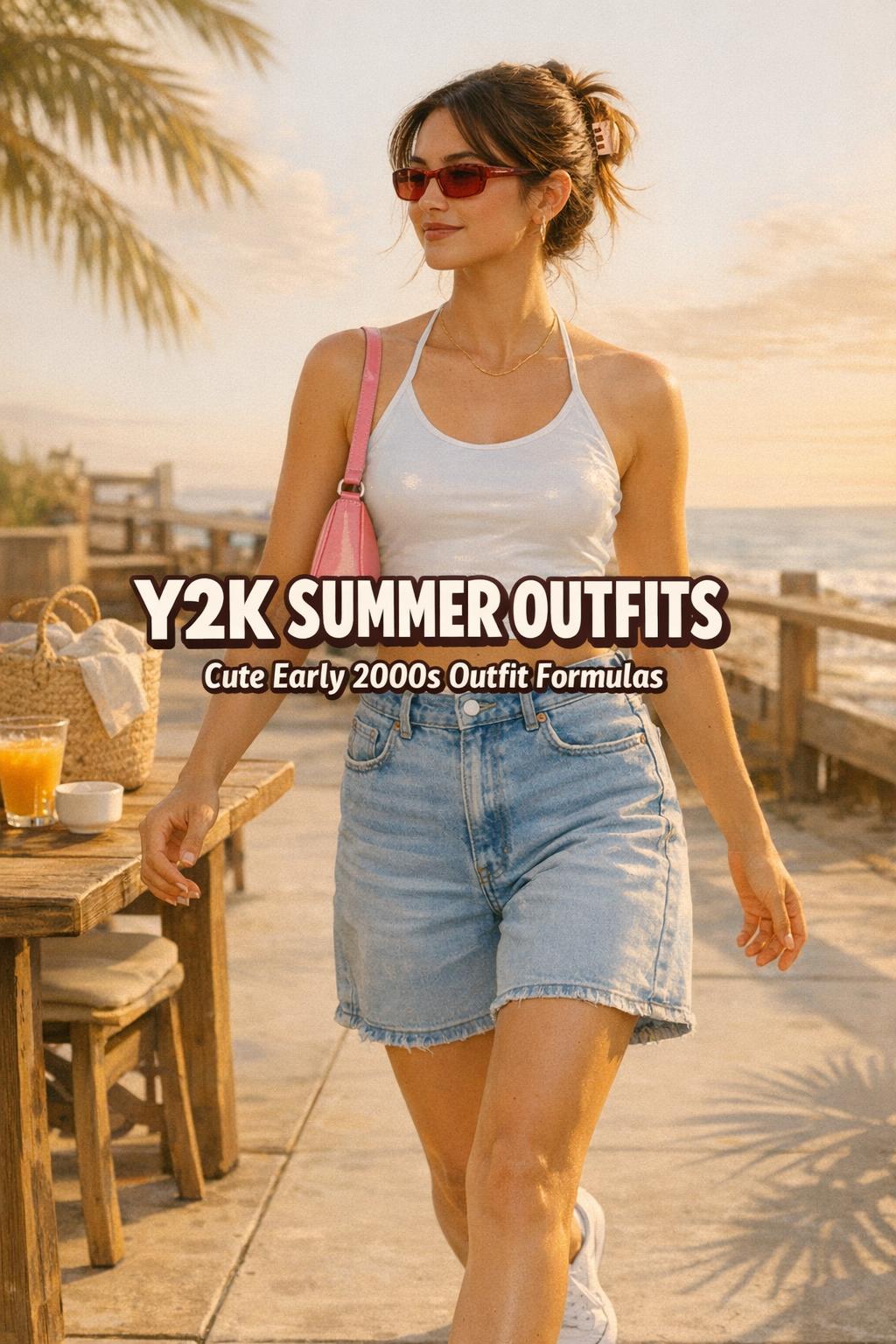 Y2K summer outfits on a young woman in white crop tank and light-wash denim shorts at a golden-hour outdoor brunch patio