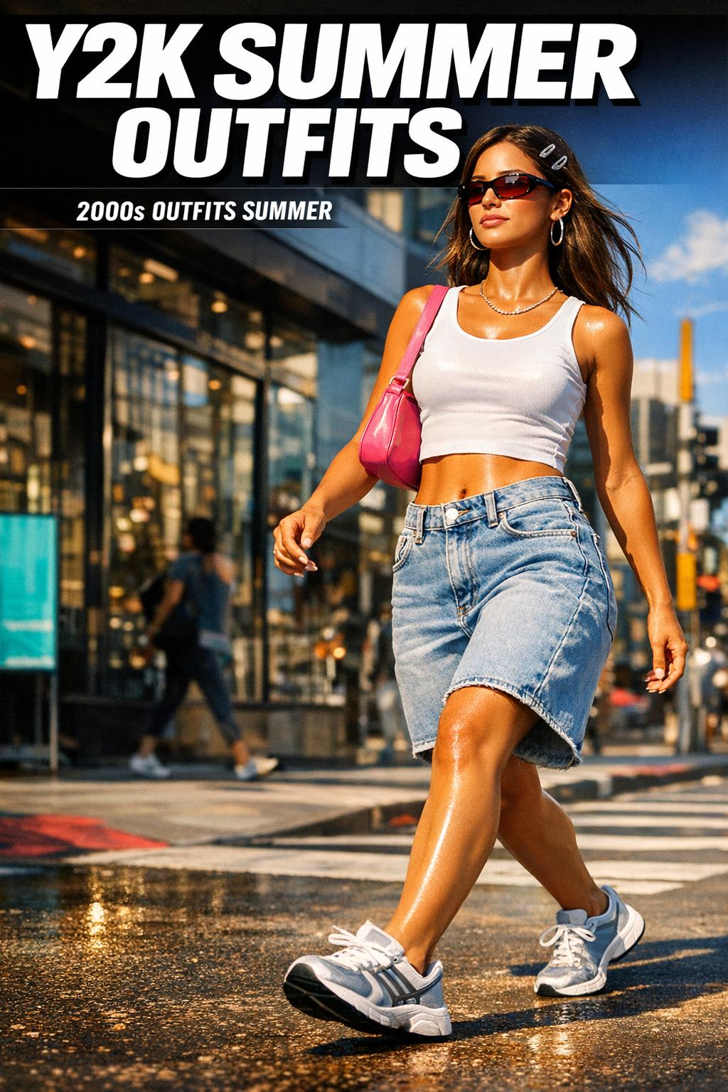 Photographic y2k summer outfits featuring pastel crop tops, low-rise denim, and colorful accessories in bright sunshine