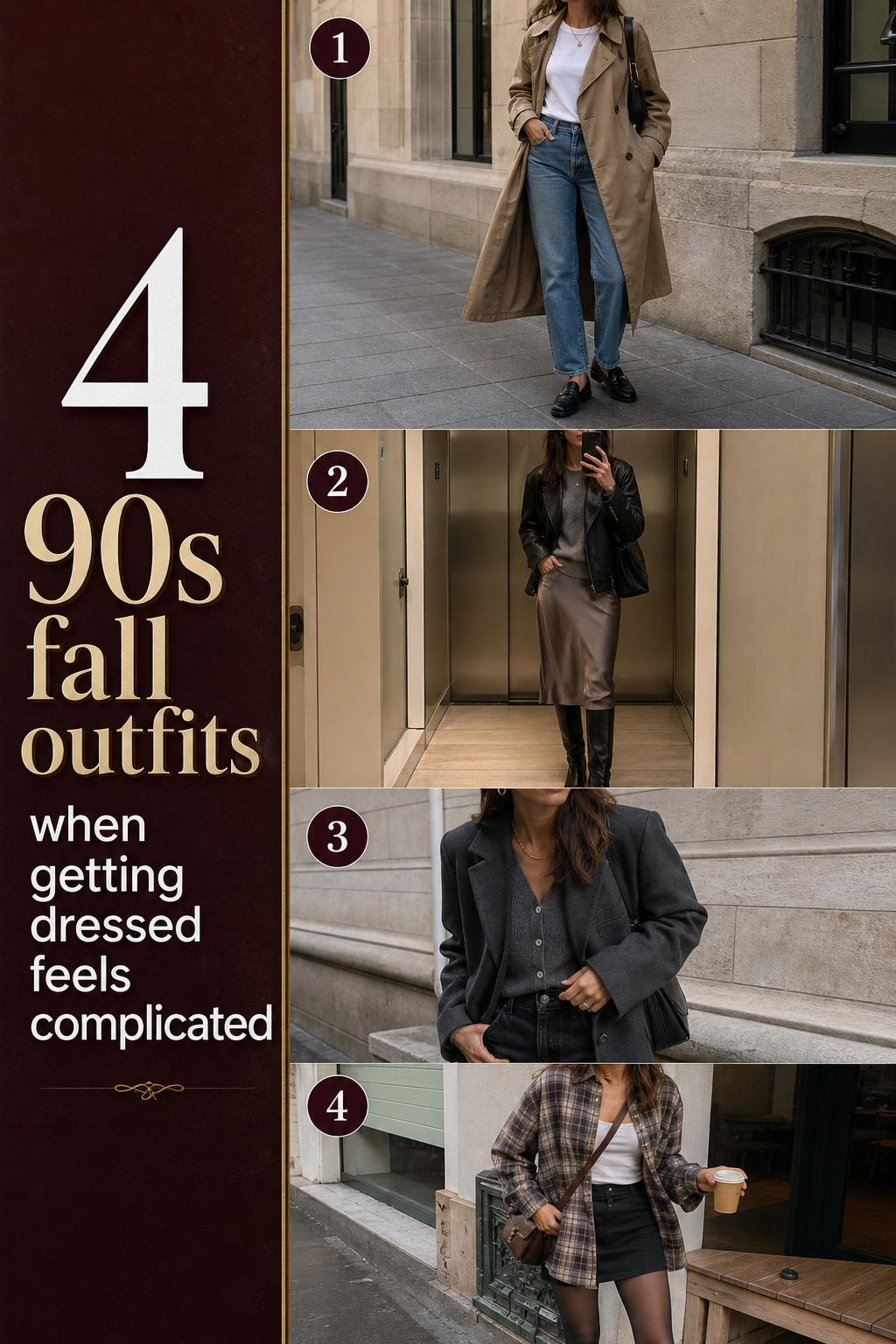90s fall outfits list visual showing 4 neutral layered looks with trench, leather jacket, blazer, and flannel in city settings