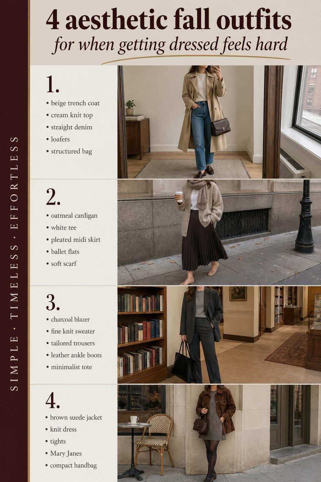 Aesthetic fall outfits checklist with 4 full-body looks in neutral tones, featuring trench coat, cardigan, blazer and suede jacket.