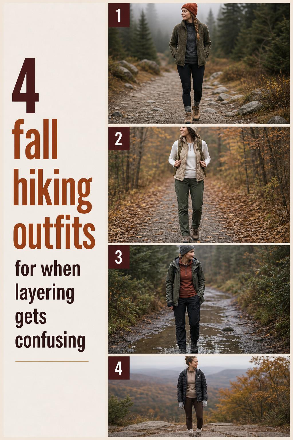 Fall hiking outfits checklist with 4 layered looks in earthy tones, shown full-body in a clean Pinterest-style layout
