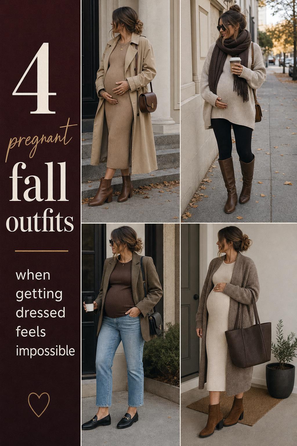 Pinterest outfit grid with 4 early fall pregnant fall outfits, featuring sweater dress, trench coat, leggings, jeans, and cardigan.