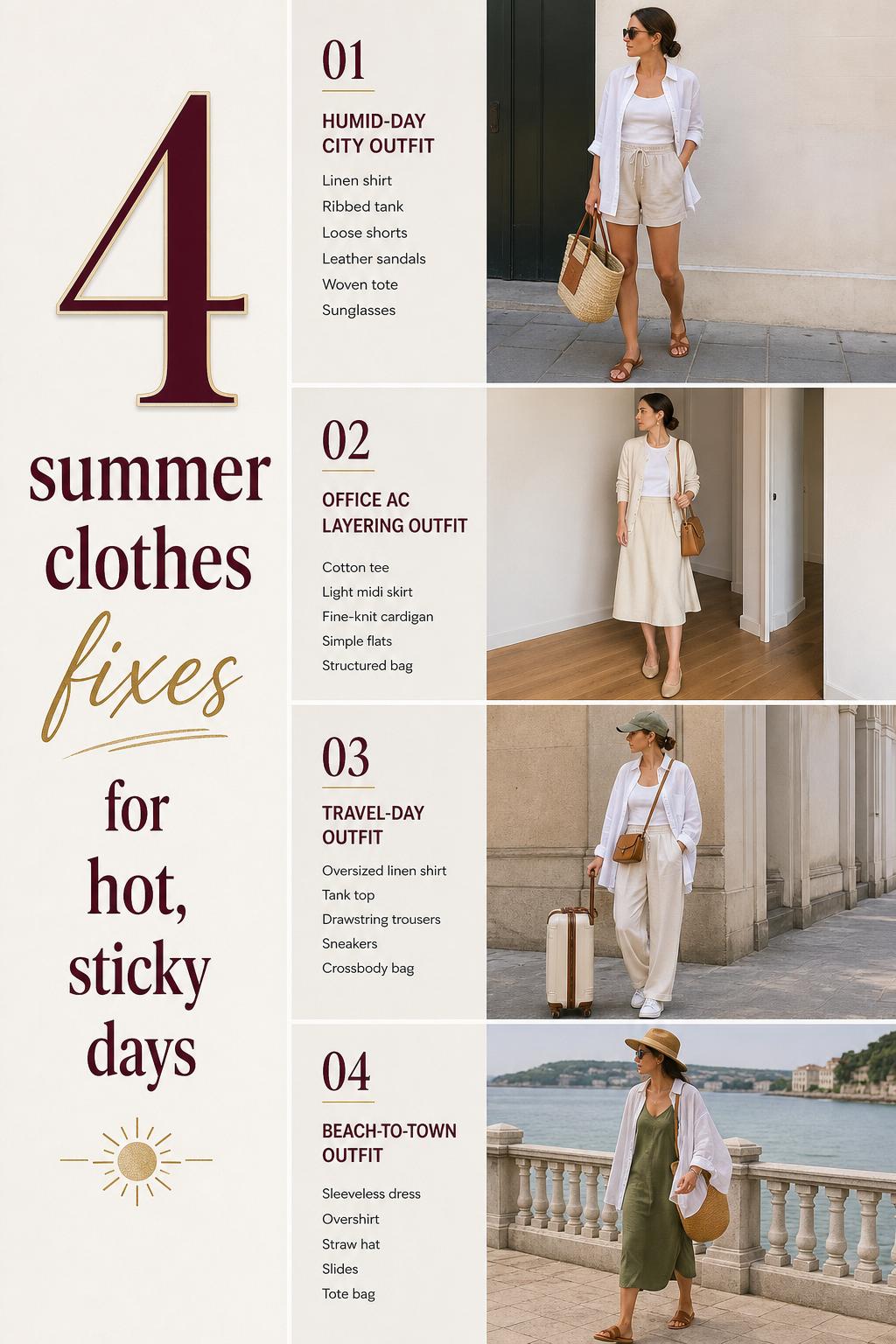 Pinterest-style checklist photo of four women in summer clothes outfits for hot, sticky days with clean neutral backgrounds.