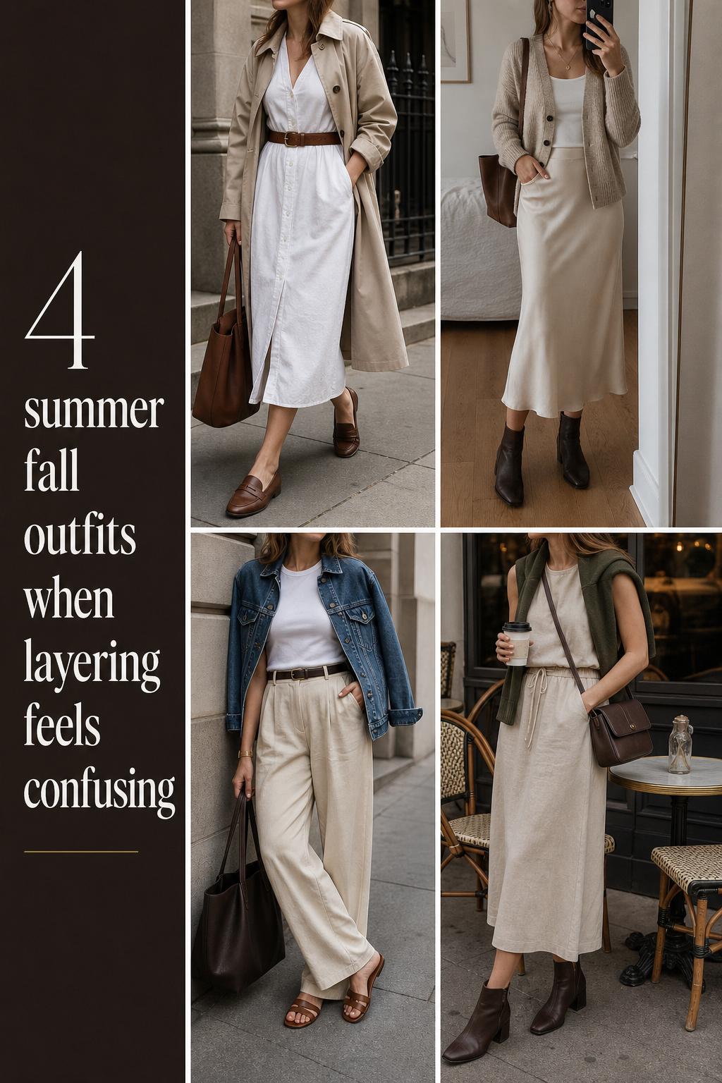 Summer fall outfits grid featuring four chic transitional looks with trench coat, knit layers, denim jacket, and boots