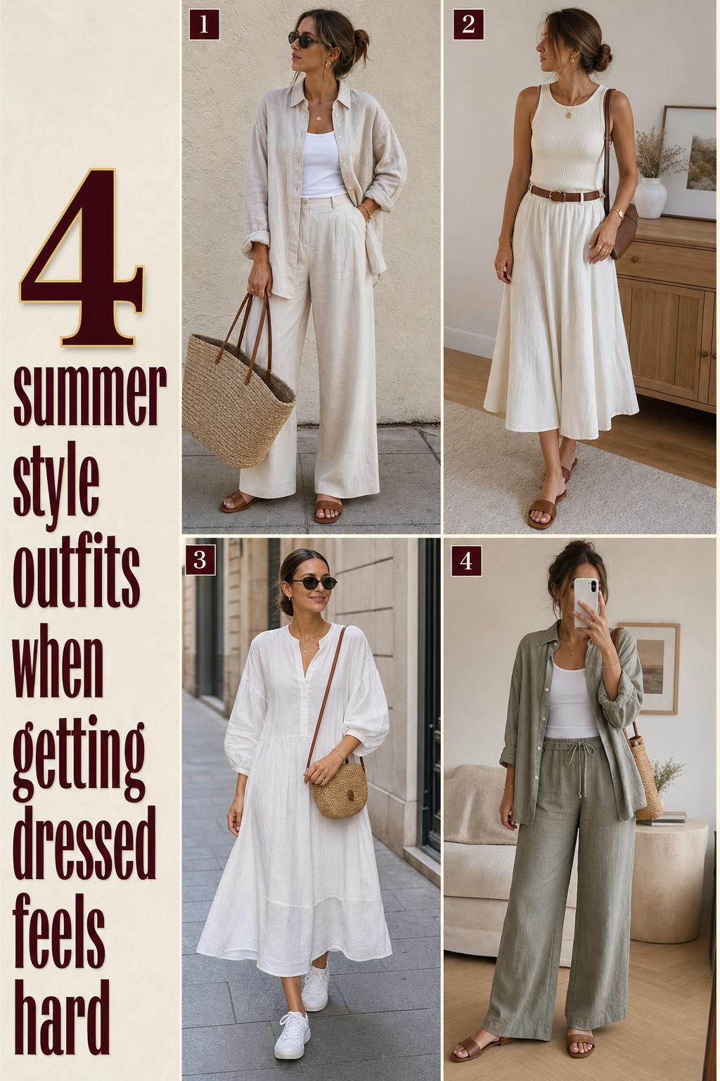 Ultra-realistic outfit grid showing 4 summer style outfits in soft neutrals with linen, tanks, skirts, dress, and sandals