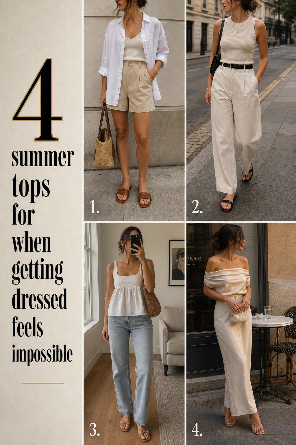 Pinterest outfit grid of 4 summer tops with neutral linen, tank, peplum, and satin looks for warm-weather dressing