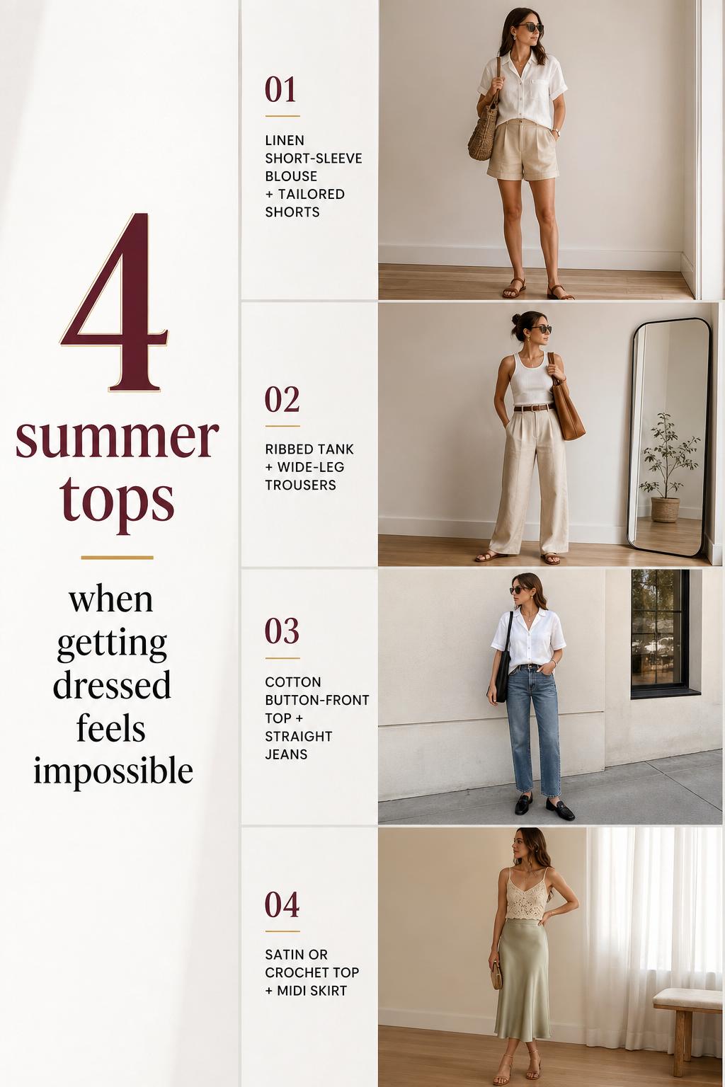 Pinterest-style fashion checklist with 4 women outfit ideas featuring summer tops in soft neutral tones