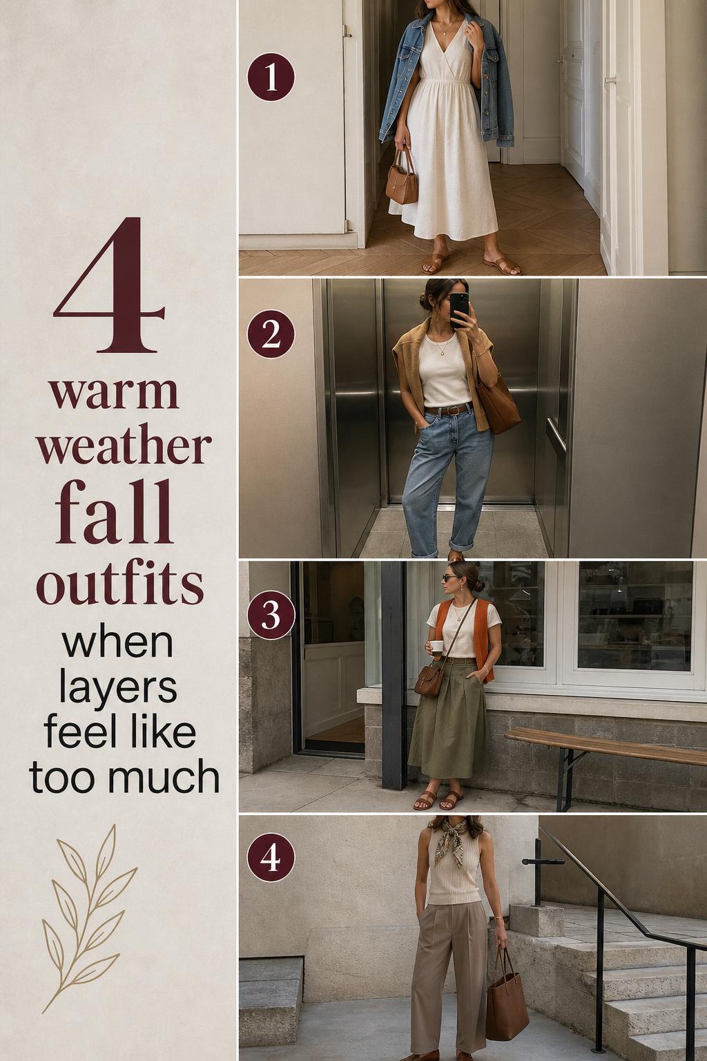 Warm weather fall outfits guide featuring 4 practical early fall looks in olive, camel, cream, denim, and rust.