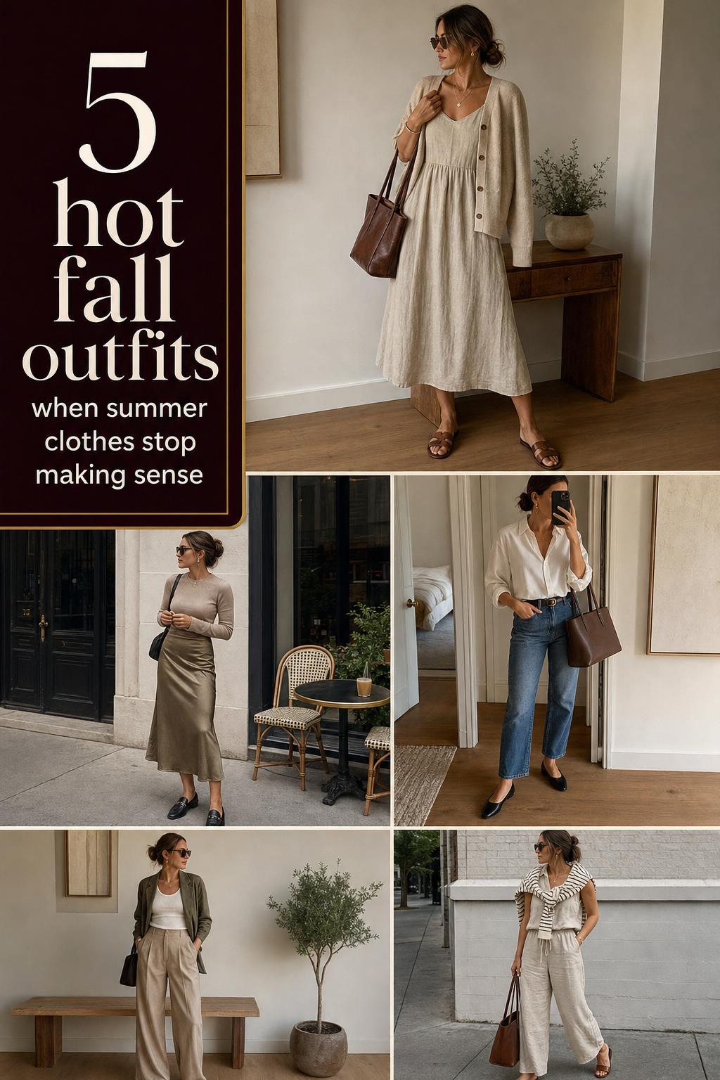 Pinterest-style fashion guide showing 5 hot fall outfits for warm early autumn days, with neutral layers and easy flats