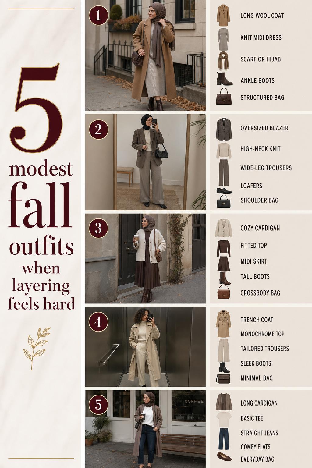 Modest fall outfits checklist with 5 layered looks in neutral tones, shown in a clean Pinterest-style stacked layout