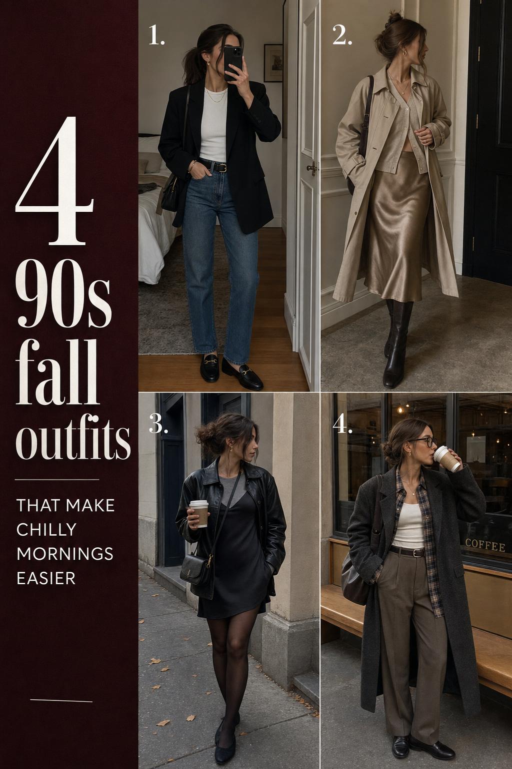 90s fall outfits collage with 4 realistic layered looks in neutral tones, shot in casual city and apartment settings.