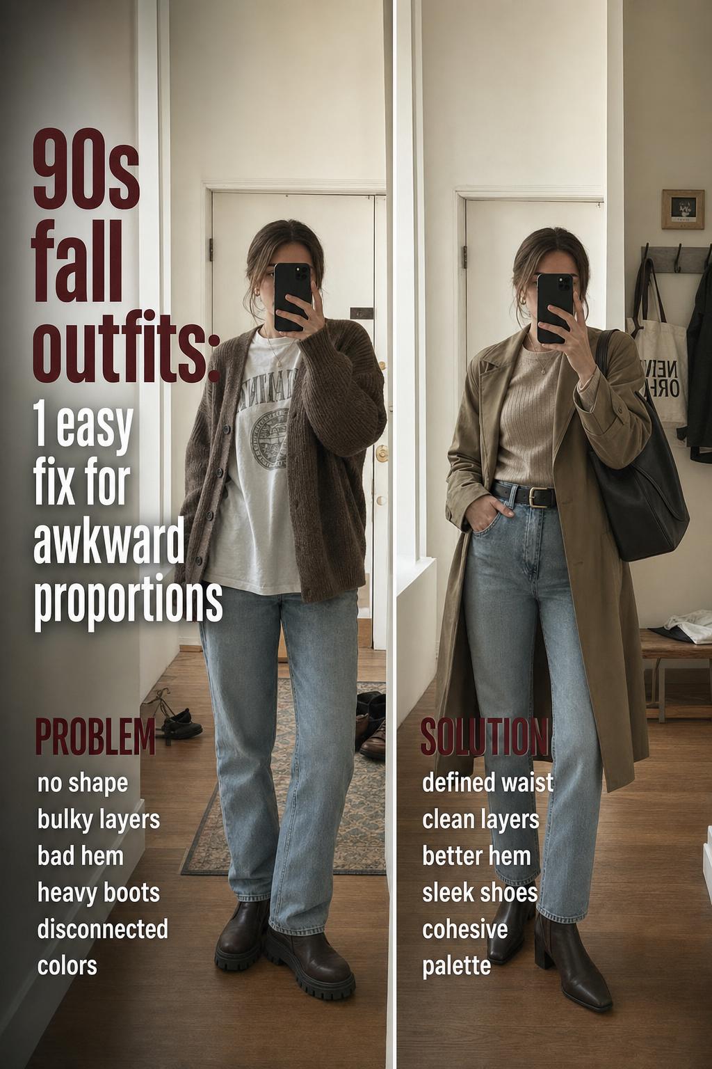 90s fall outfits with plaid flannel, mom jeans, and chunky boots on a cozy autumn street