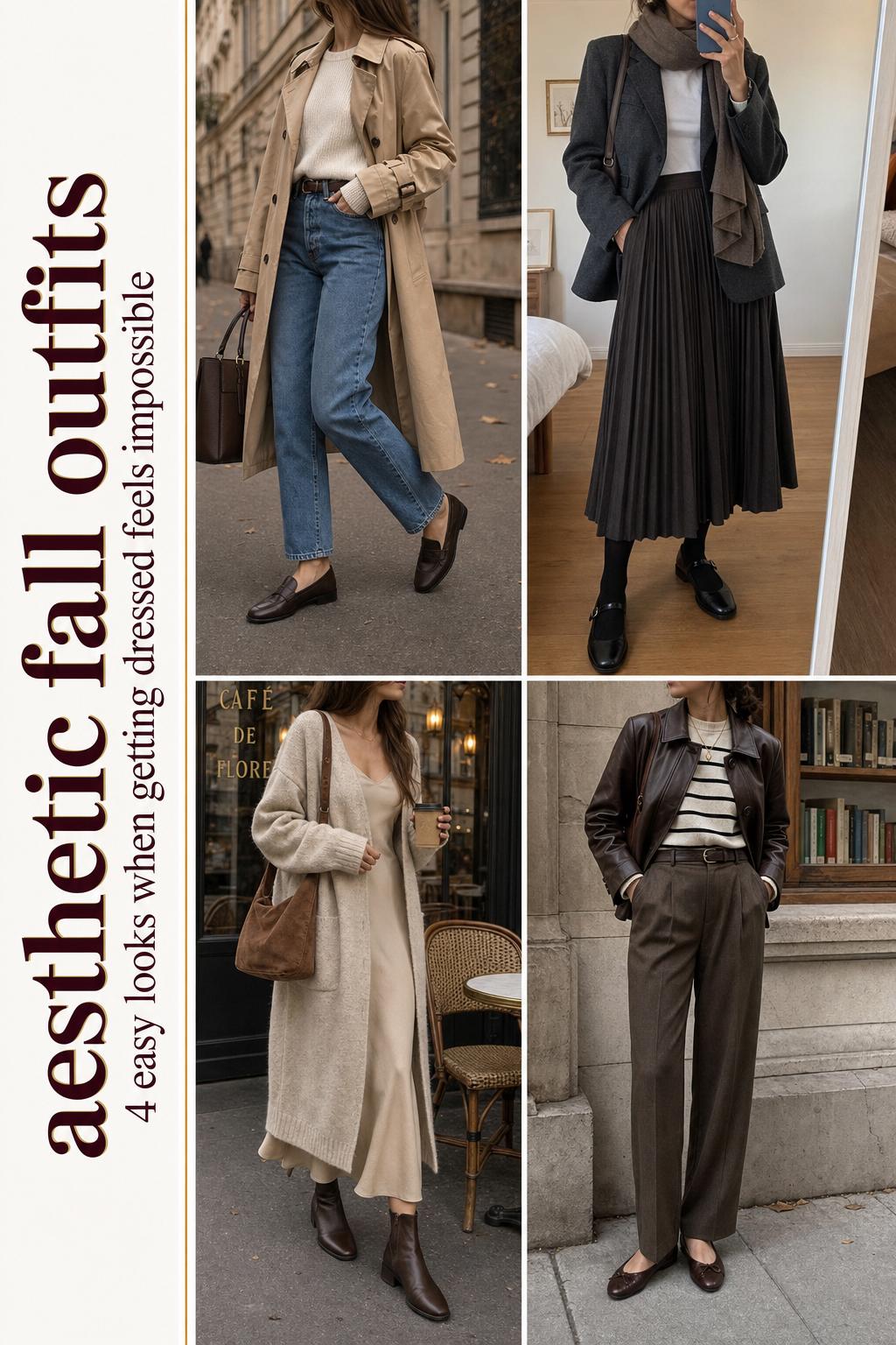 Aesthetic fall outfits grid showing 4 cozy early autumn looks with trench, blazer, cardigan, and leather jacket in neutral tones