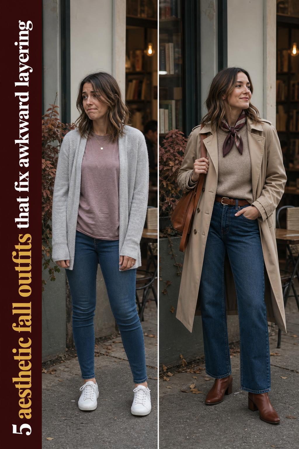 Aesthetic fall outfits styled with layered sweater, plaid scarf, and ankle boots on a leafy autumn street