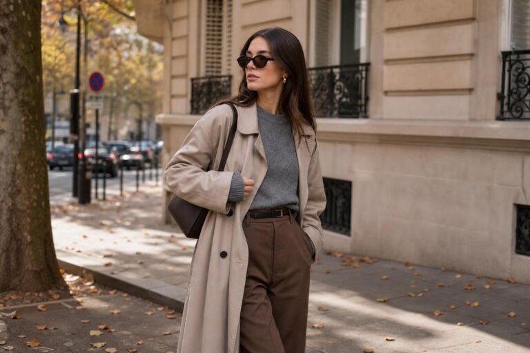 Aesthetic fall outfits with trench coat, knit sweater, straight jeans, and ballet flats on a city street in early autumn