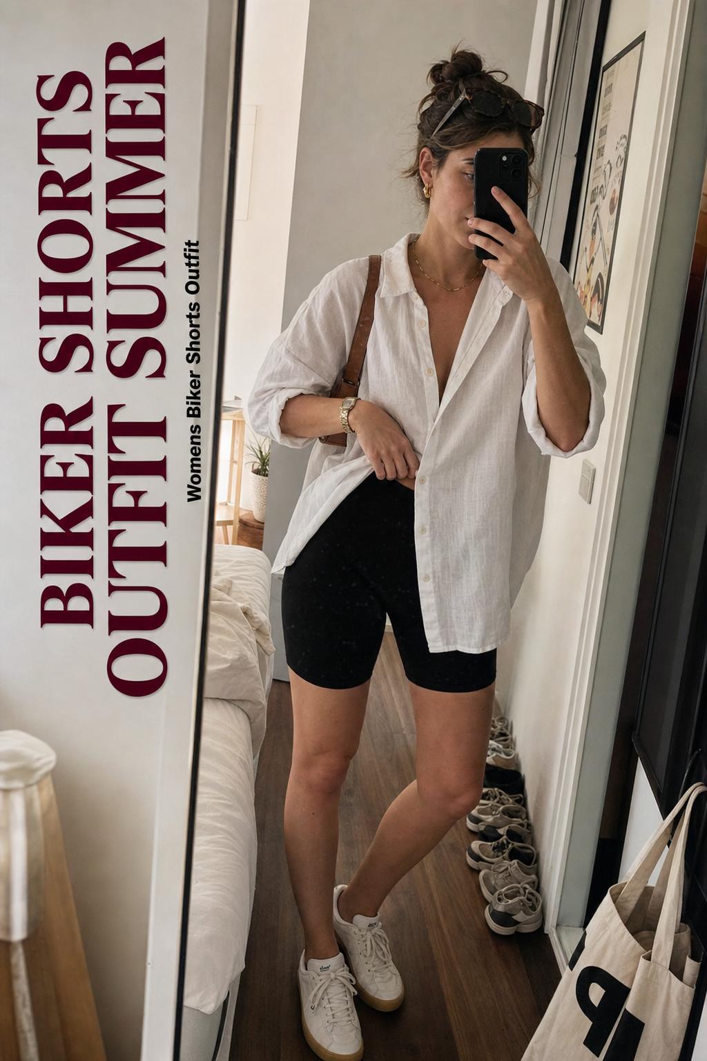 Biker shorts outfit summer mirror selfie with white linen shirt, black biker shorts, sneakers, and lived-in apartment hallway