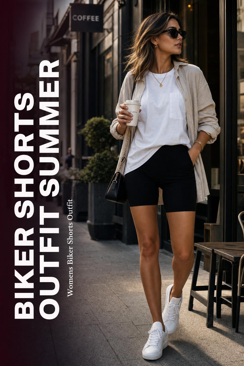 Biker shorts outfit summer street style with layered white tee and beige linen shirt outside a city coffee shop