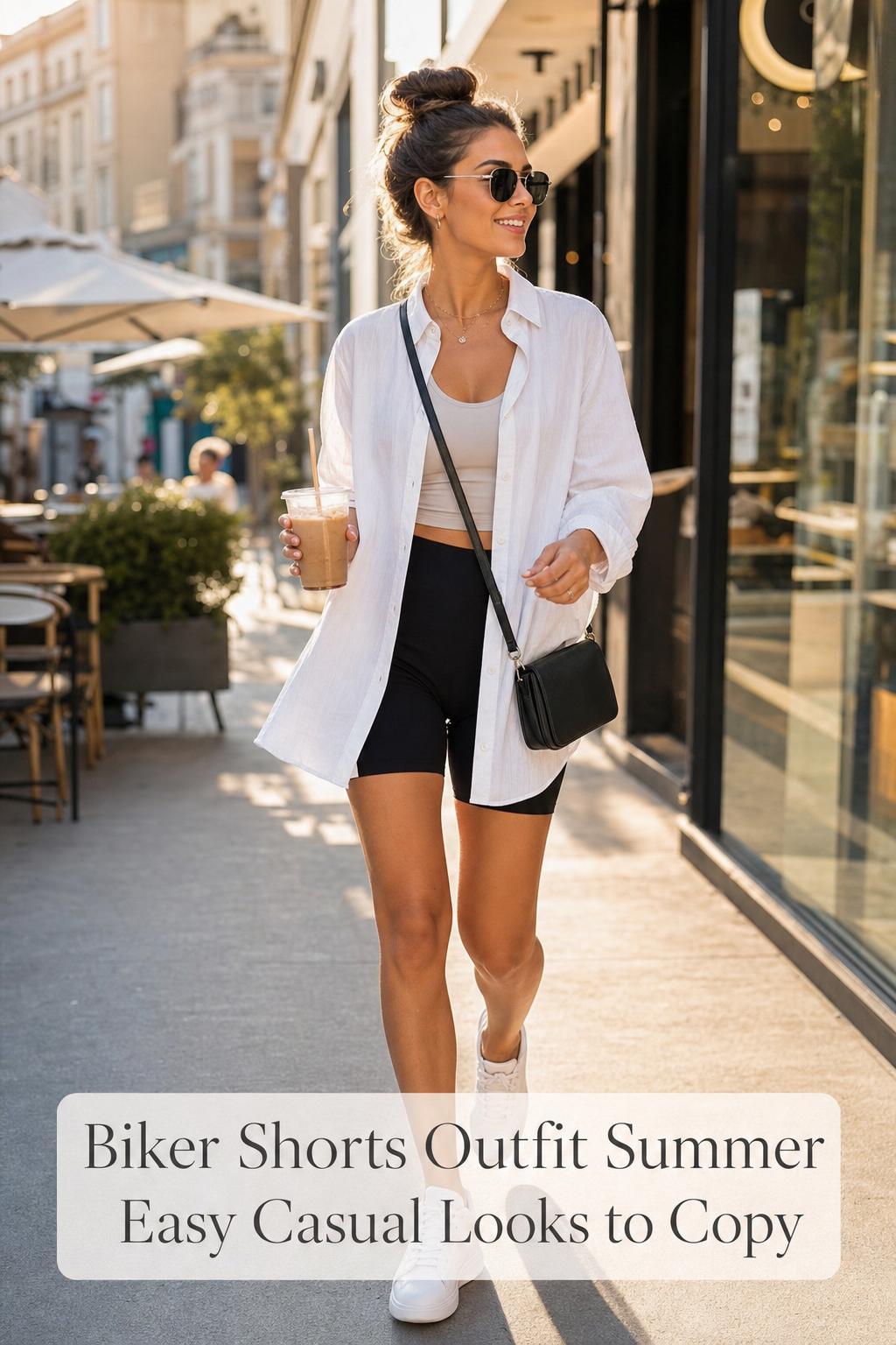 Modern woman walking by a cafe at golden hour in a biker shorts outfit summer with white linen shirt and sneakers