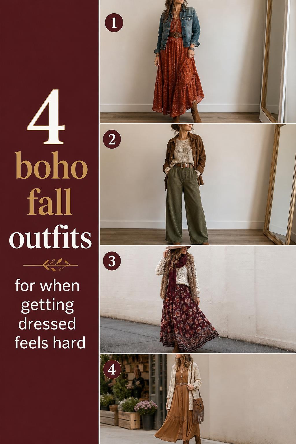 Boho fall outfits checklist showing four women in wearable autumn looks with maxi dresses, knits, layers, and ankle boots