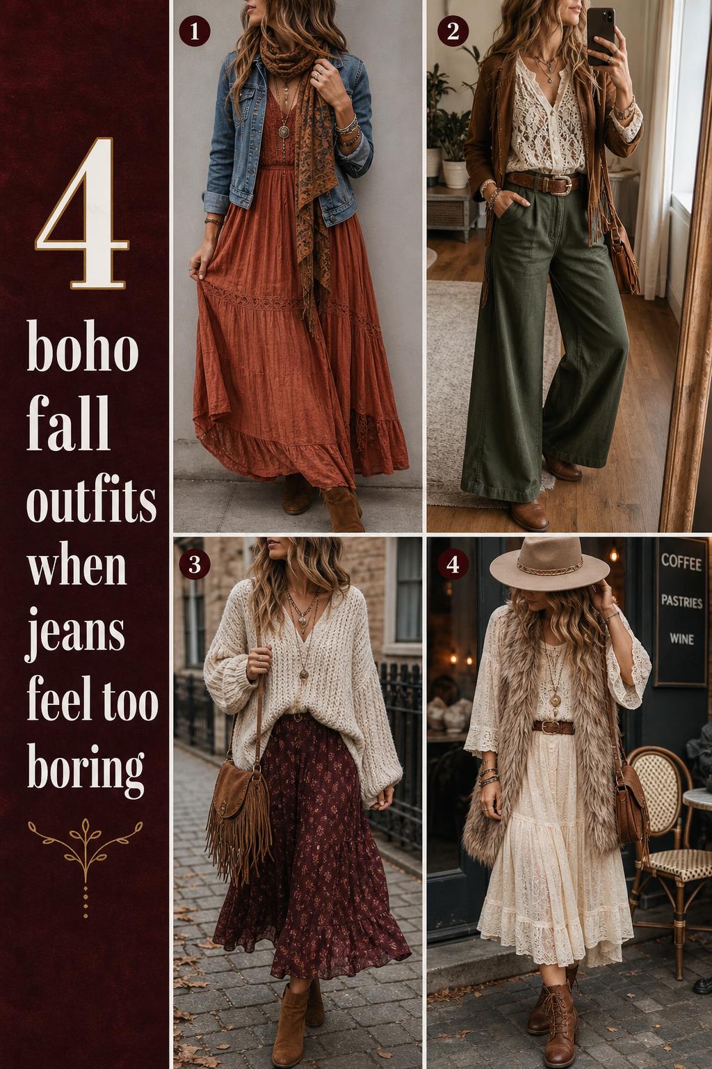 Boho fall outfits grid with four early autumn looks in earthy tones, layered dresses, skirts, pants, jackets and boots.