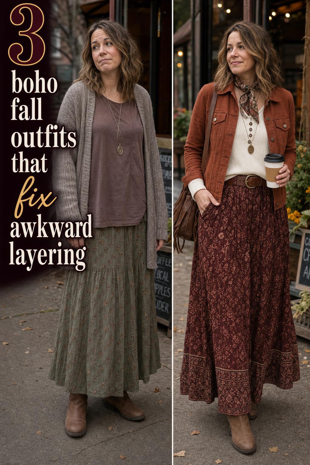 Boho fall outfits featuring layered knit sweater, suede hat, and ankle boots in warm autumn tones outdoors.