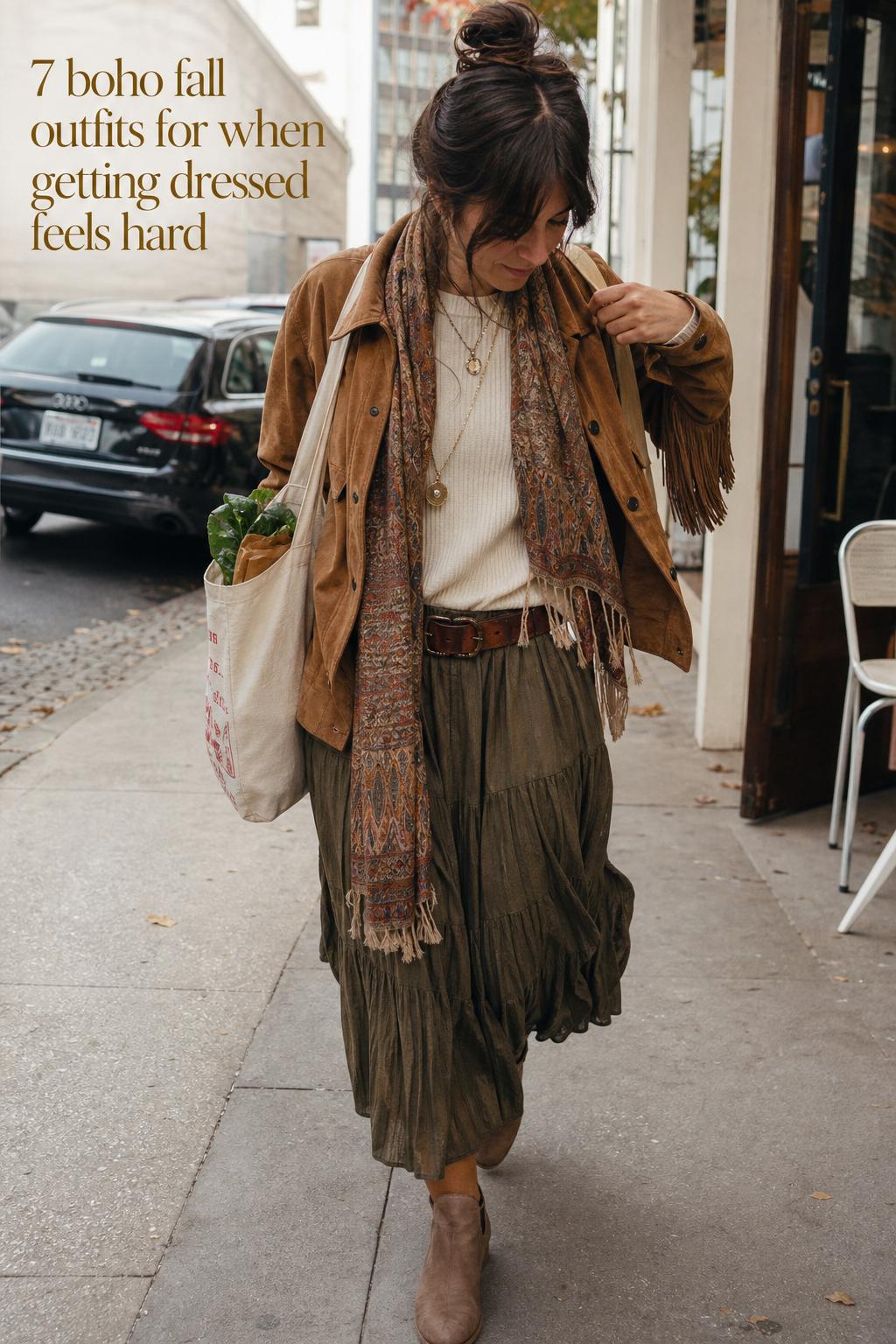 Candid street style photo of boho fall outfits with maxi skirt, suede jacket, scarf, and tote outside a city café