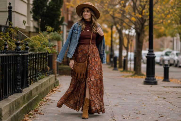 Boho fall outfits with a floral maxi dress, denim jacket, suede ankle boots, and wide-brim hat on a crisp autumn day