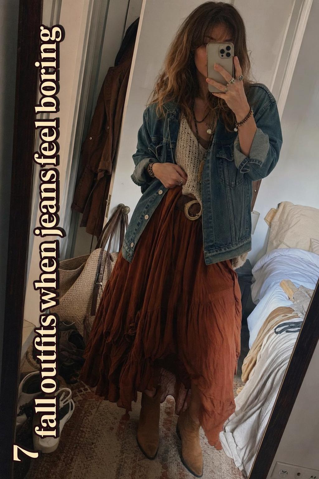Mirror selfie of a woman in a rustic maxi skirt and jacket, showcasing boho fall outfits with text overlay