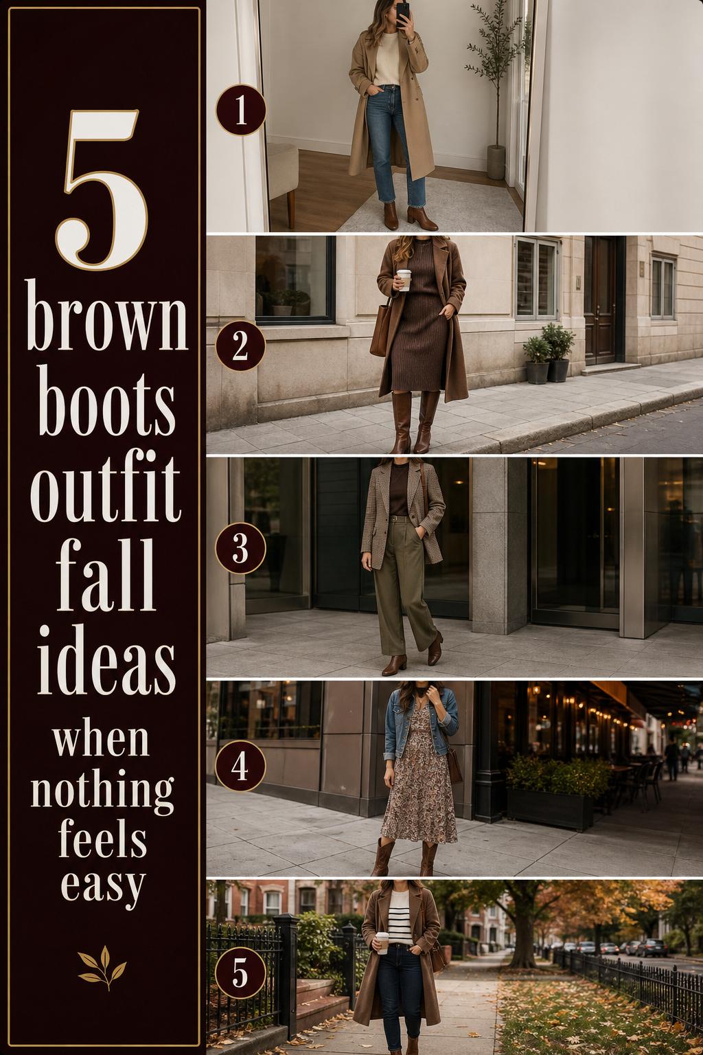 brown boots outfit fall checklist pin showing 5 early-fall looks with jeans, dresses, coats and boots in neutral settings