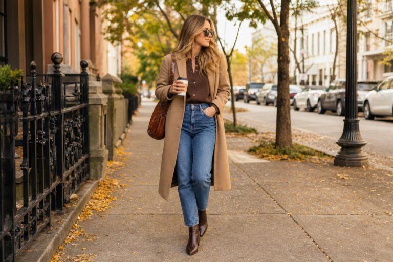 Brown boots outfit fall with ankle boots, straight jeans, cream knit sweater, and trench coat on a city street