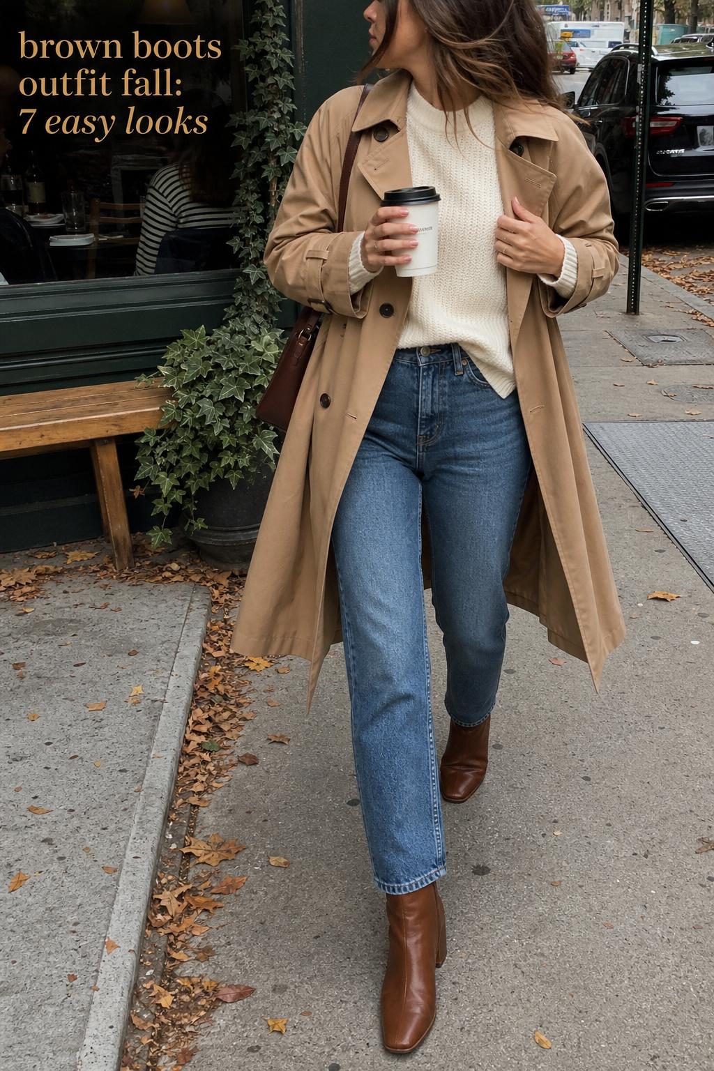 Woman on city sidewalk in brown boots outfit fall with camel trench, cream sweater, and blue jeans holding coffee