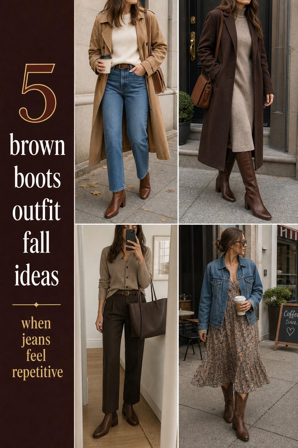 brown boots outfit fall grid with 4 early autumn looks featuring denim, trench, knit dress, trousers, and floral midi