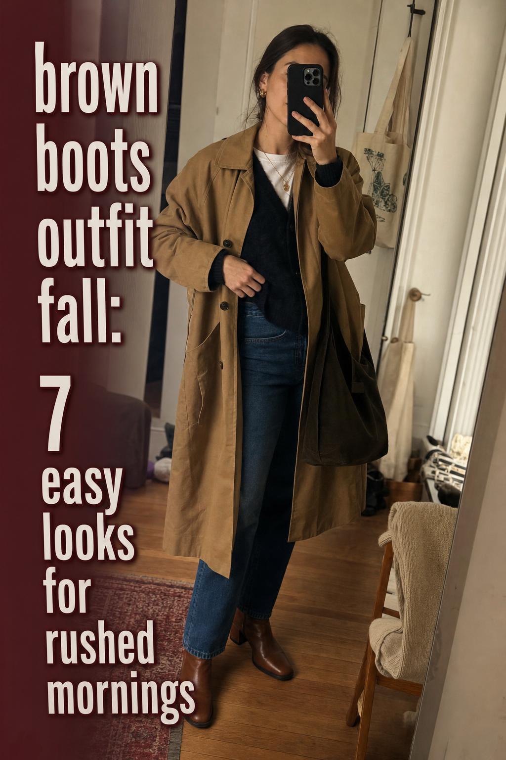 Brown boots outfit fall mirror selfie in a cozy messy apartment hallway, casual early autumn layers and jeans.