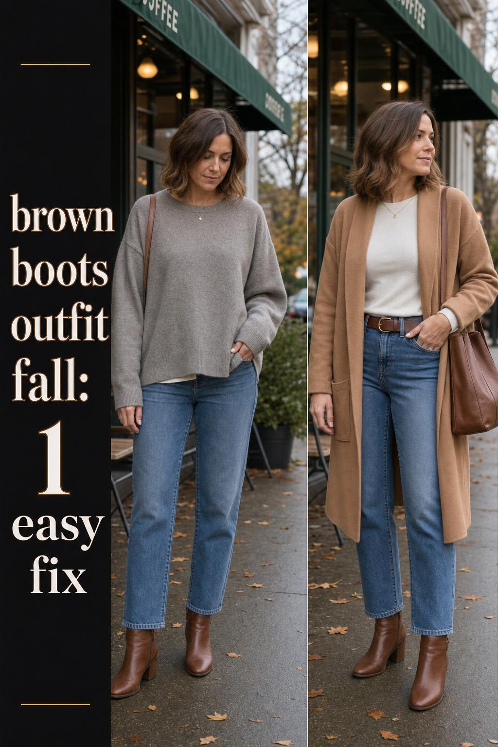 Brown boots outfit fall with cozy knit sweater and plaid scarf on a leafy autumn street