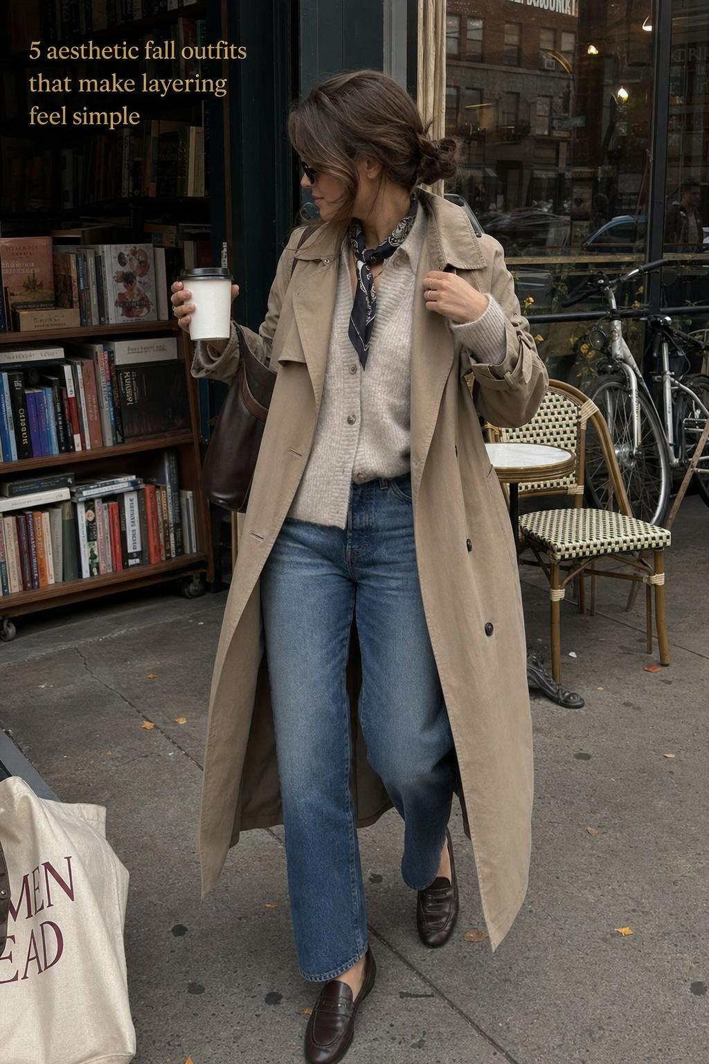 Woman in beige trench coat on city sidewalk, candid early autumn street style showcasing aesthetic fall outfits
